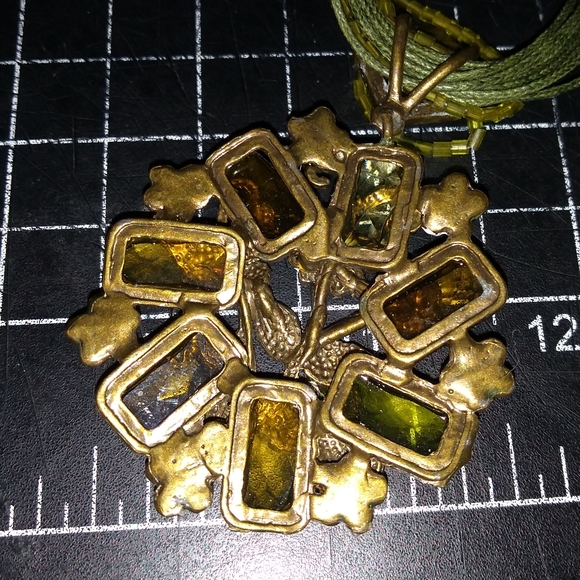 Green Multi Strand Necklace with Enamel & Glass Flowery Pendant, Green &… - Picture 6 of 10